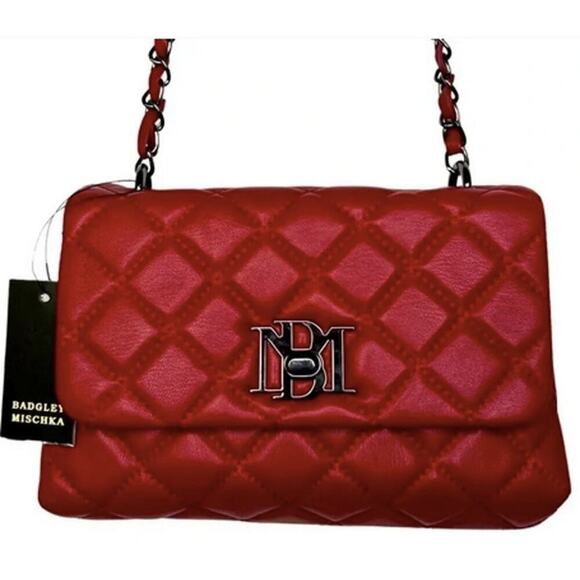 Badgley Mischka Designer Quilted Leather Red Silver Crossbody Purse - Picture 2 of 6